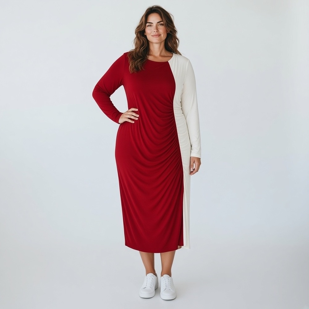 Kasper Crimson Cream Colorblock Ruched Midi Dress XXL NWT 10857113-BN9